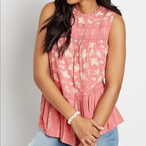 Maurices Pink Floral Crochet Trim Babydoll Tank Top